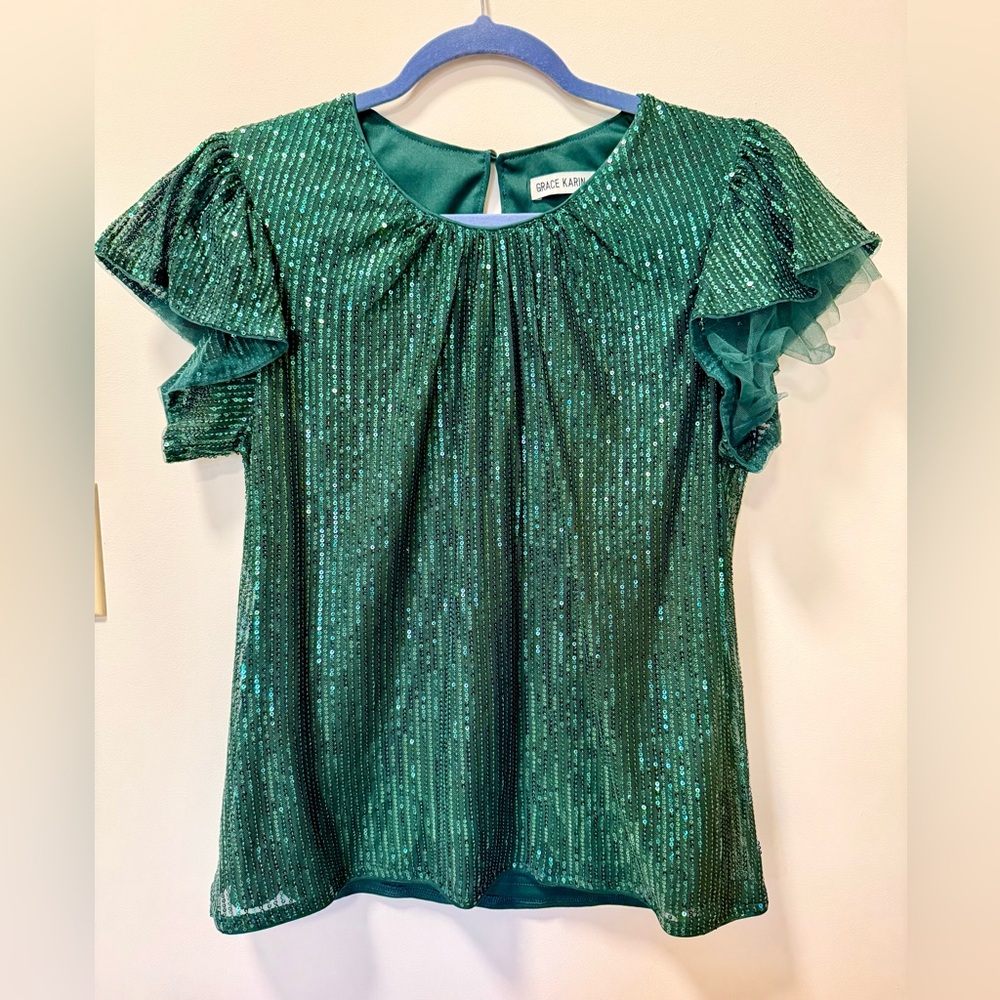Emerald Green Sparkle Short Sleeved Sequin Blouse, Cute Cap Sleeves, BLING 💍